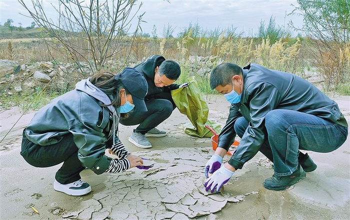 到野外采集修复材料澄板土。