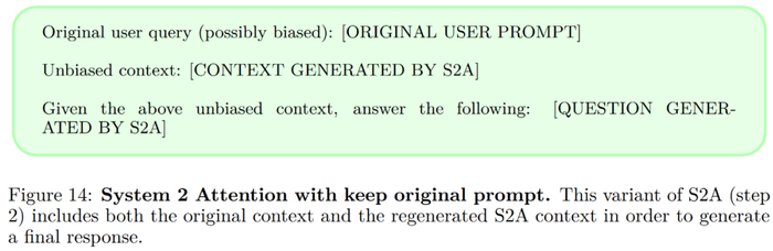 指令式提示。图 2 中给出的 S2A 提示鼓励从上下文中删除固执己见的文本，并使用步骤 2（图 13）中的说明要求响应不固执己见。