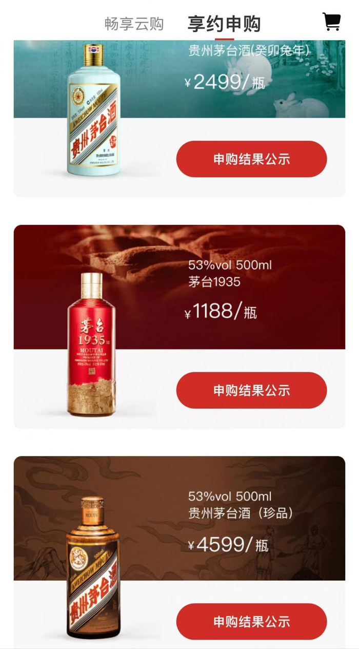 （茅台1935、兔年生肖酒、珍品茅台是i茅台申购主力，来自i茅台页面）