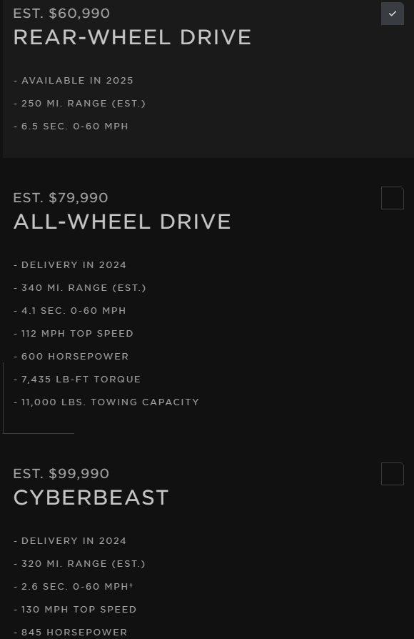 Cybertruck北美售价及性能参数