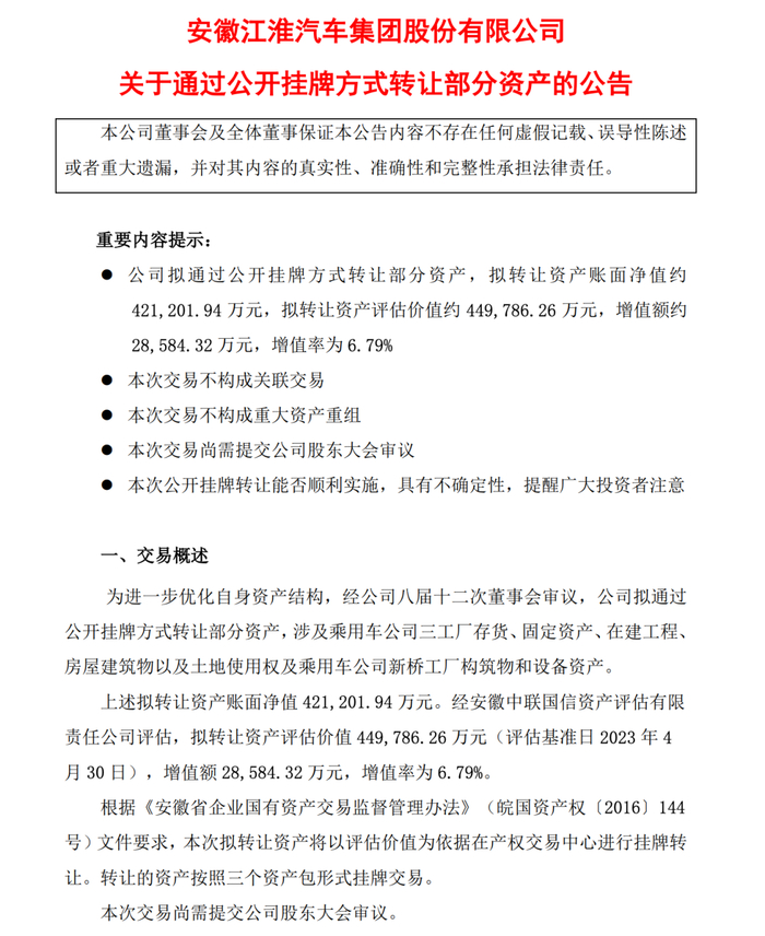 安徽江淮汽车通过公开挂牌方式转让部分资产。 江淮汽车供图 华龙网发