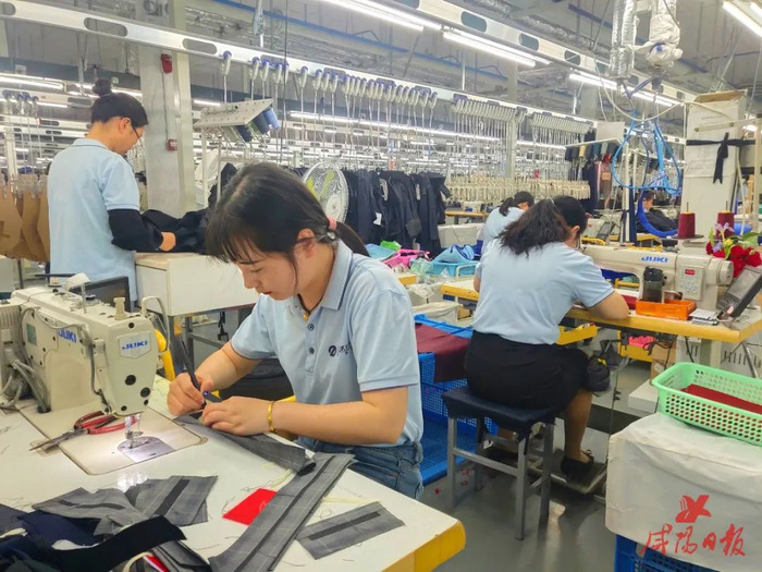 在咸阳高新区的陕西咸阳杜克普服装有限公司生产线上，工人埋头赶制订单产品。咸阳日报全媒体记者 梁高强 摄 （资料图）