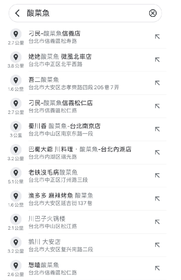△ 搜索台北市地图“酸菜鱼”，随处可见相关美食店