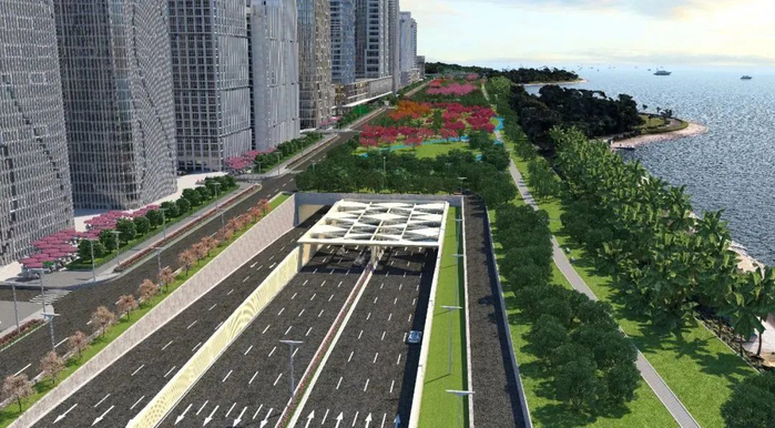 ▲下沉段效果图。截至目前，滨海大道下沉项目已完成总体进度的91%。