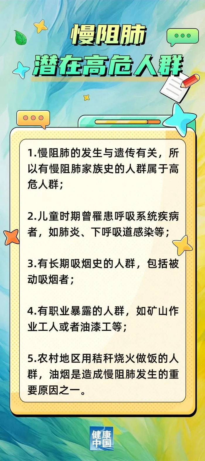 个人要降低慢阻肺患病风险、延缓慢阻肺的进展，可以从以下几个方面做起：