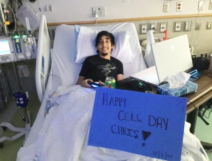 （Vega在2020年接受造血干细胞回输的当天，来源：Christopher Vega）