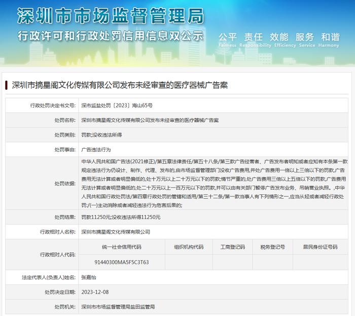 深圳市摘星阁文化传媒有限公司发布未经审查的医疗器械广告案