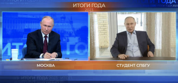 ▲“AI普京”（右）向普京（左）提问