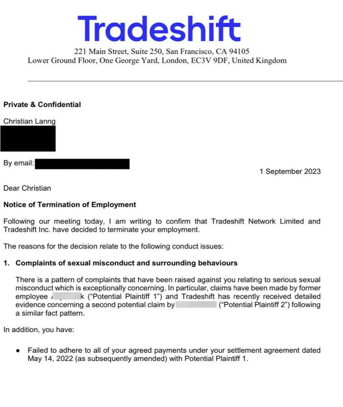 ▲兰恩于9月1日被公司解雇