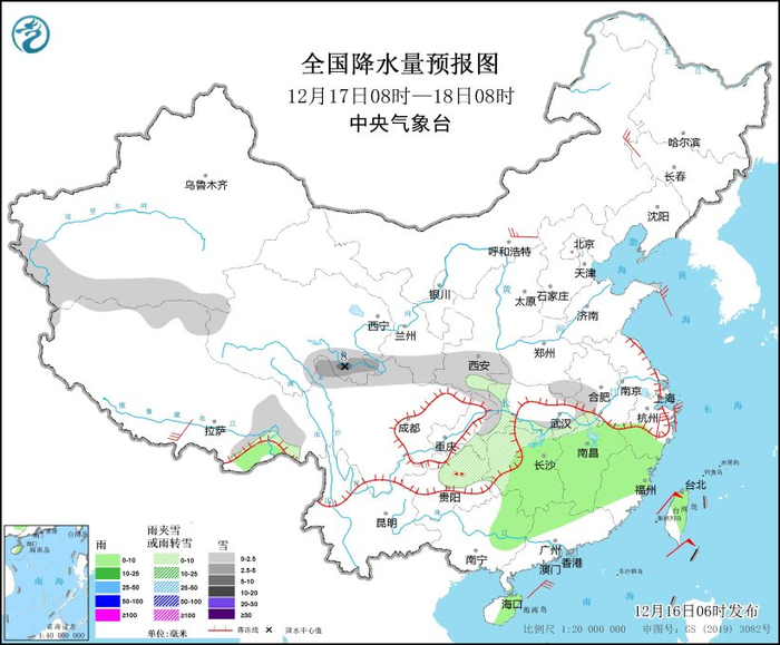 图4 全国降水量预报图（12月17日08时-18日08时）