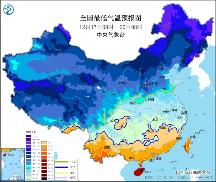 图2 全国最低气温预报图（12月17日08时-20日08时）