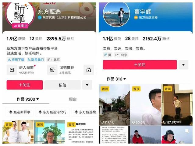 东方甄选官方抖音号和董宇辉抖音号粉丝数对比 来源：抖音截图