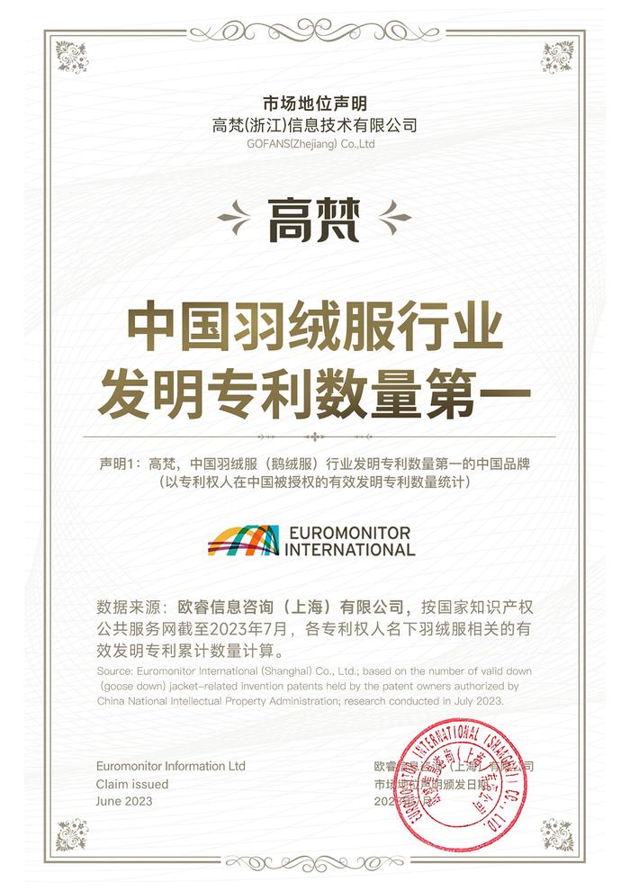 欧睿市场地位声明：高梵是中国羽绒服行业发明专利数量第一