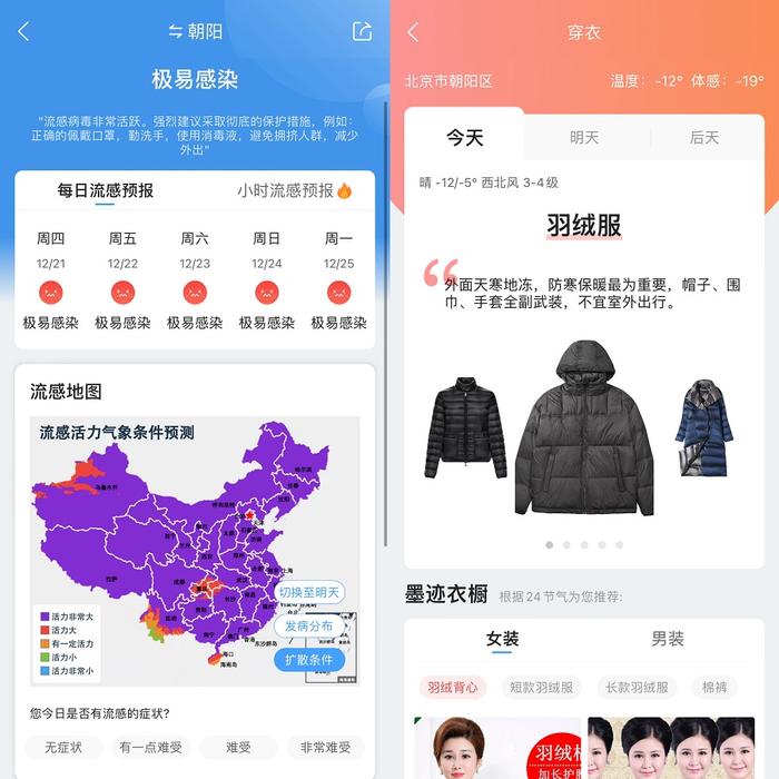 图：墨迹天气流感预报、穿衣指数