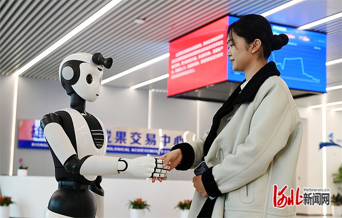 12月18日,雄安新区科创中心,智能迎宾机器人与来访者交流.