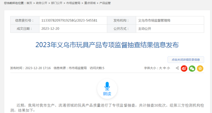 2023年义乌市玩具产品专项监督抽查结果信息发布