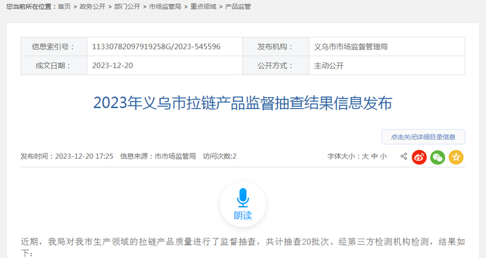 2023年义乌市拉链产品监督抽查结果信息发布