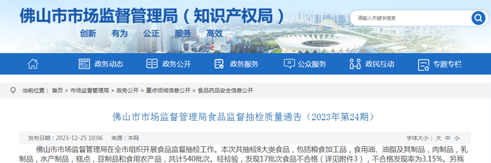佛山市市场监督管理局食品监督抽检质量通告（2023年第24期）