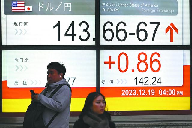 图片说明： 12月19日在东京，路人经过显示“1美元兑换143.66-67日元”汇率的电子屏幕。 （法新社）