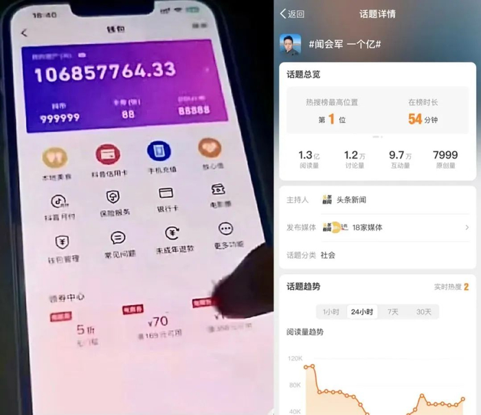 互联网上出现了疑似“闻神”账号的后台，显示该账号余额超1亿元。“闻会军 一个亿”相关话题冲上热搜榜一/图源：微博