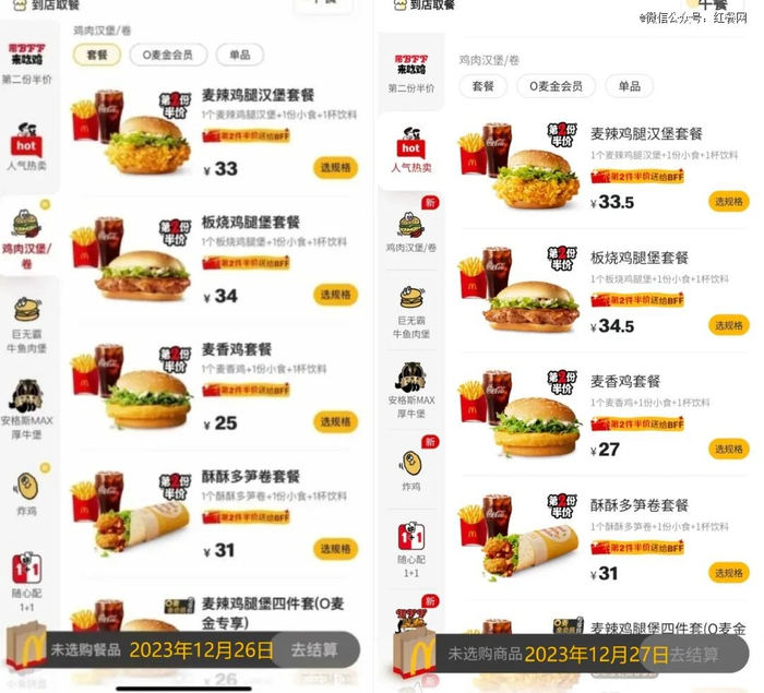 ▲麦香鸡套餐涨了2元。（仅供参考，各地餐厅定价存在细微差异）
