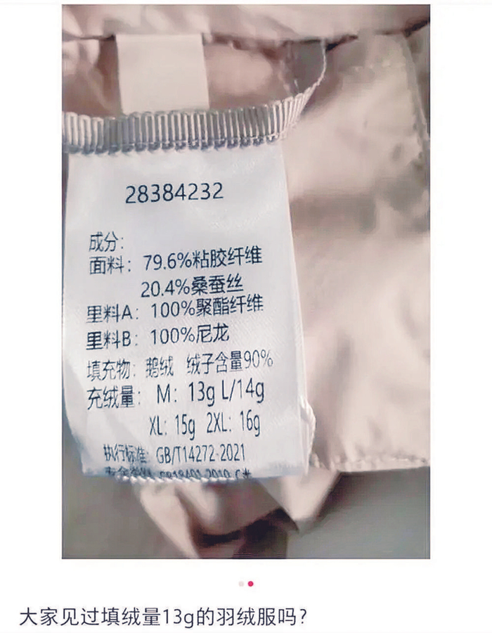    网友拍到的标签显示充绒量13克~16克。