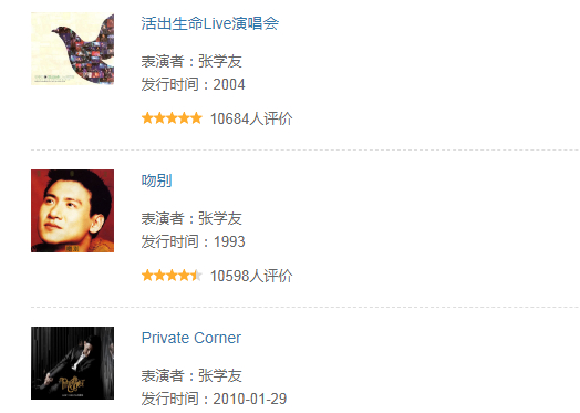张学友被网友收藏最多的几部音乐作品 图片来源：豆瓣