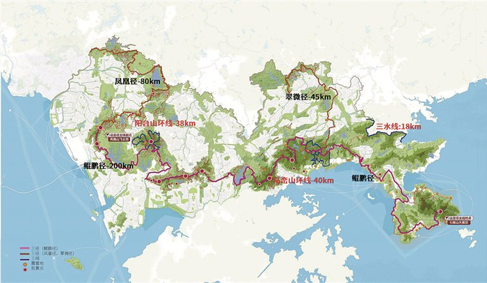 深圳山海连城生态游憩绿脊线路走向示意图。 图片来源：深圳市城市规划设计研究院规划二所