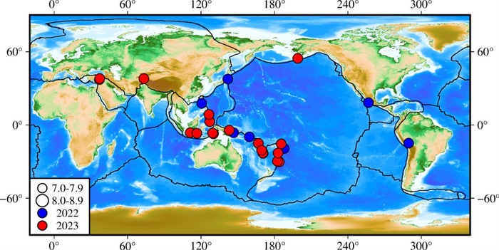 2022年和2023年全球7级以上地震分布图