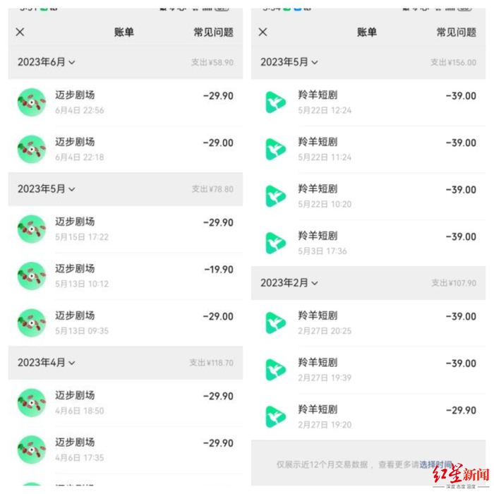 陈女士展示了部分母亲追剧付款截图