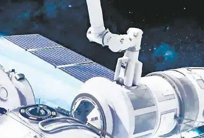 △机械臂捕获悬停的航天器并协助其与空间站对接示意图