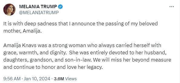 图片来源：梅拉尼娅社交媒体截图