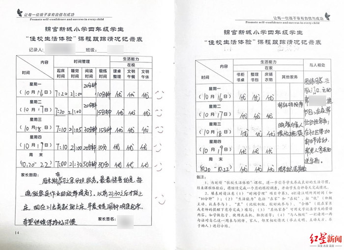 ▲“住校生活体验”课程跟踪情况记录表