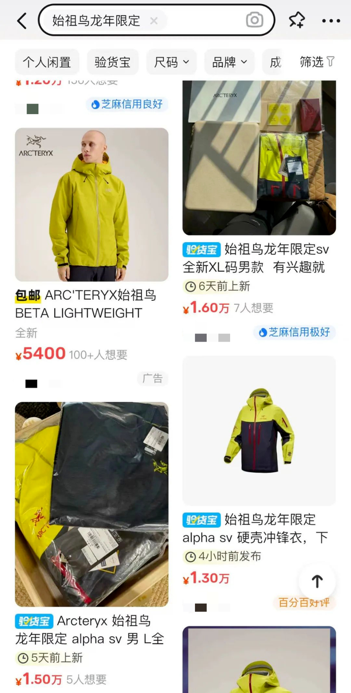 在某二手平台上，始祖鸟龙年限定被炒至了1.6万元/图源：盐财经记者 截图