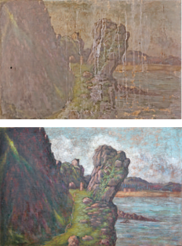 吴法鼎油画《海滨》修复前后