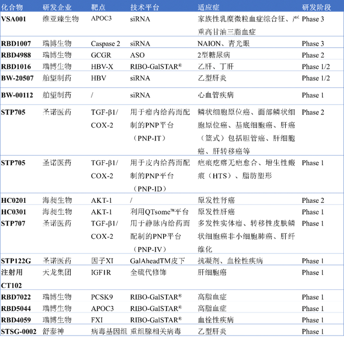 图2. 部分在研国产小核酸药物