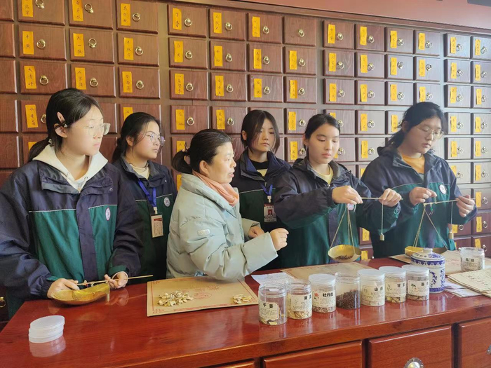 社团学生在老师的指导下体验中医药文化