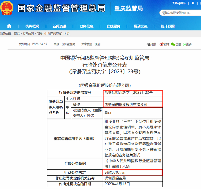 图4：原深圳银保监会行政处罚信息公示表
