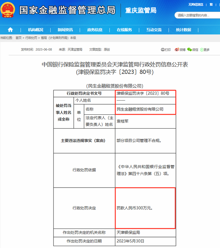 图3：原天津银保监会行政处罚信息公示表