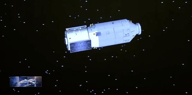天舟货运飞船动画模拟图。（直播截图）