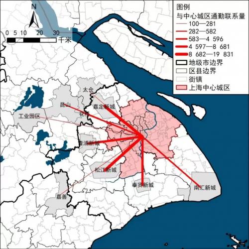 数据来源:同济大学CAUP【外围城镇与上海中心城区的通勤规模】