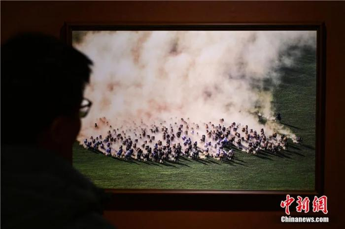 中国美术馆展出的蒙古马精神——内蒙古美术摄影展上，参观者在观看展出的摄影作品《劲风驰来》。田雨昊 摄