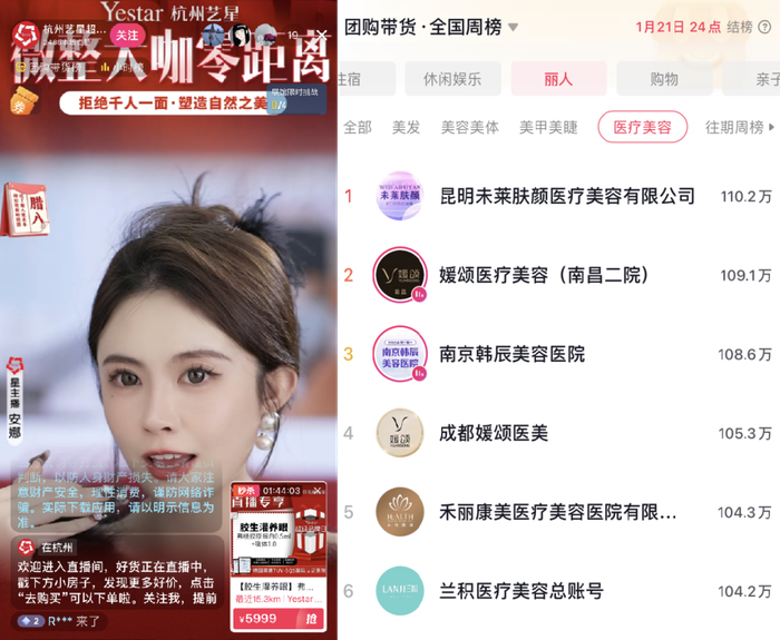 抖音医美直播与团购带货实时榜单