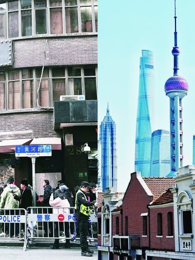     ▲ 黄河路路标和上海东方明珠。  