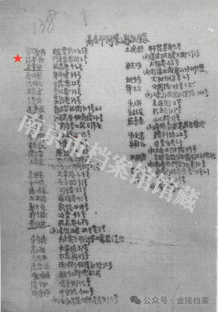 南京市立商业职业学校同学通讯录，第二位为游本昌（南京市档案馆馆藏）