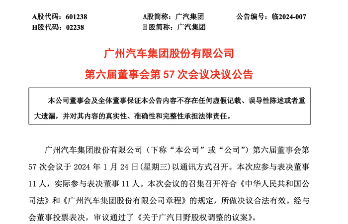 图片来源：广汽集团公告