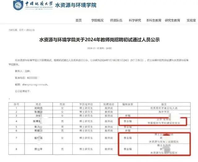 2024年教师岗招聘初试通过人员公示。中国地质大学（北京）水资源与环境学院网站 图