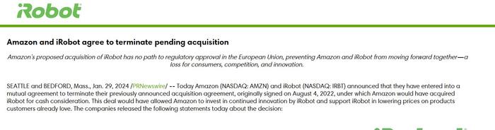 and iRobot agree to terminate pending acquisition