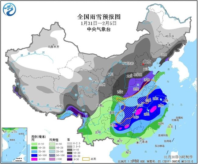 全国雨雪预报图(图片来源:中央气象台)