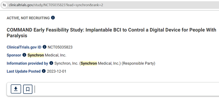 Synchron的临床试验信息 图片来源：Clinicaltrials.gov